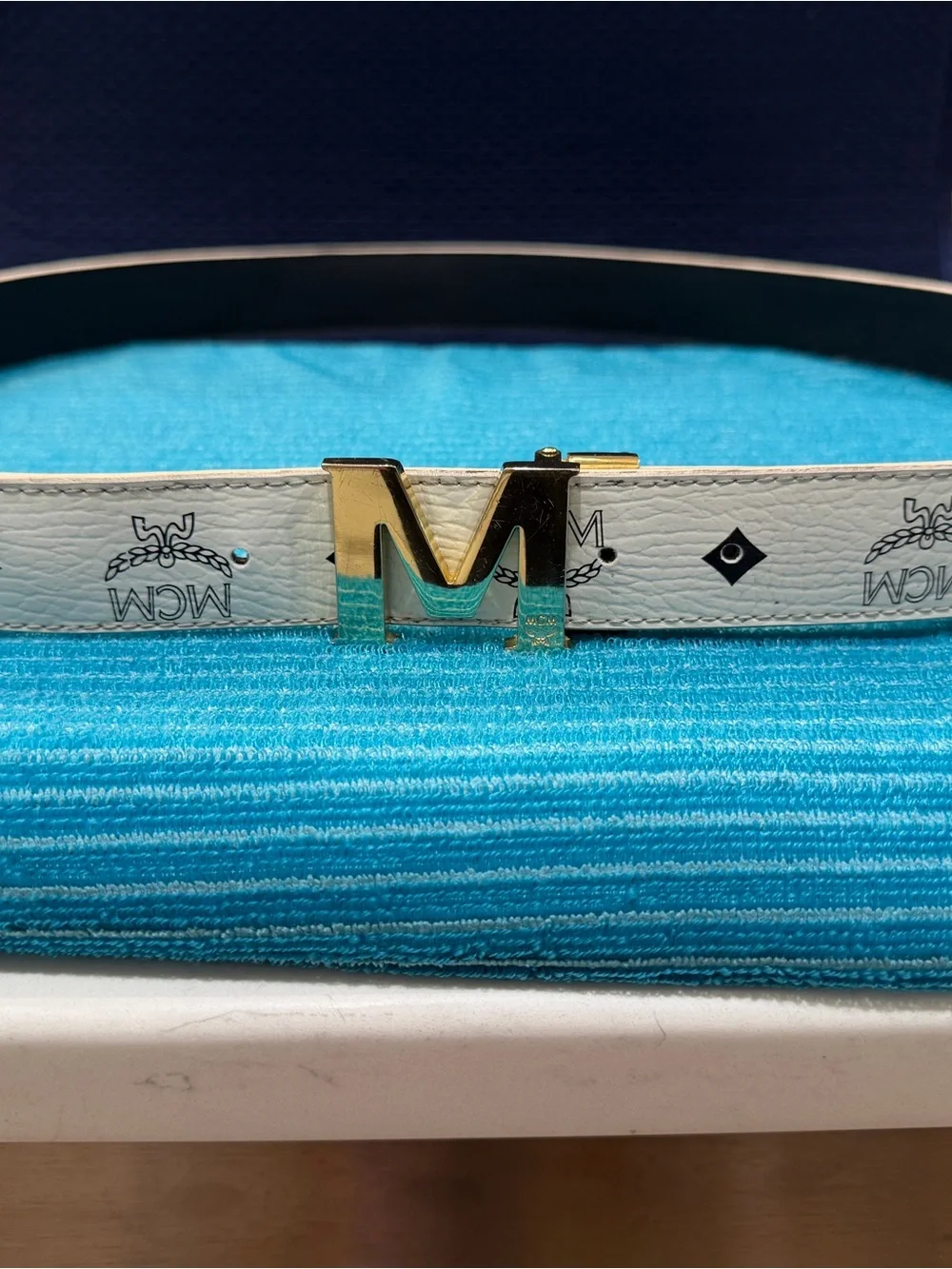 MCM White Leather Belt with Gold-Tone M Buckle